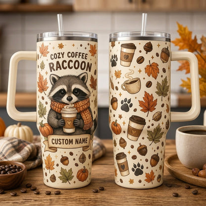 Personalized Cozy Coffee Raccoon 40oz Tumbler with Handle - Custom Fall Autumn Gift