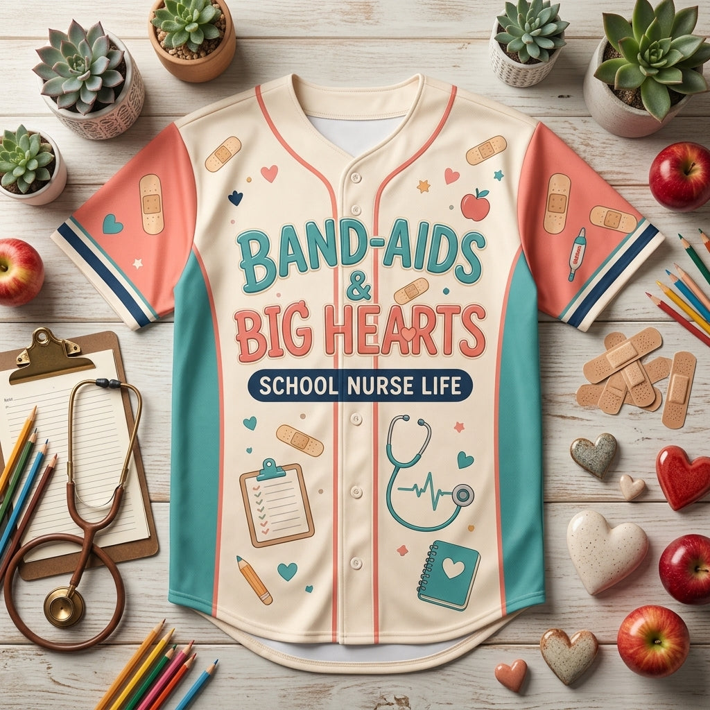 Personalized School Nurse Baseball Jersey - Band-Aids & Big Hearts Custom Name and Number Nursing Gift