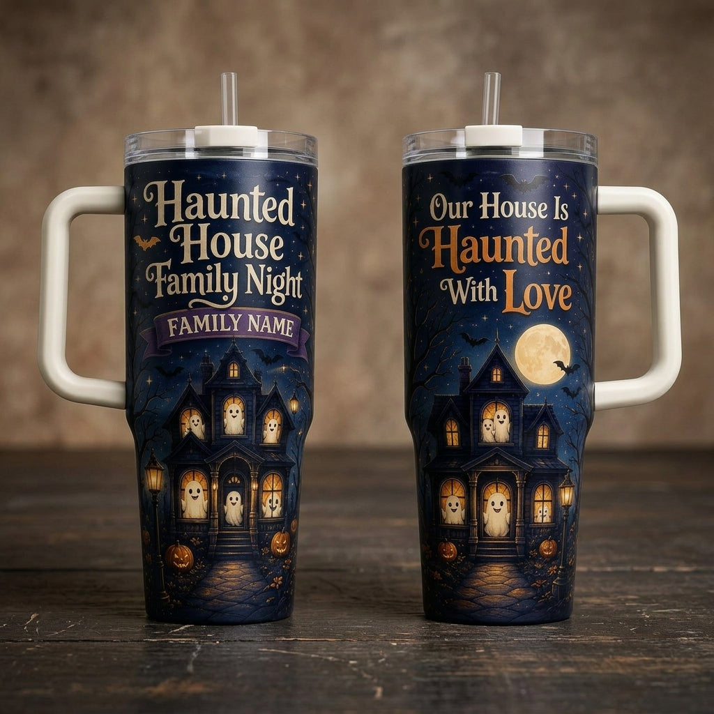 Personalized Haunted House Family Night 40oz Tumbler with Handle - Custom Name Halloween Gift