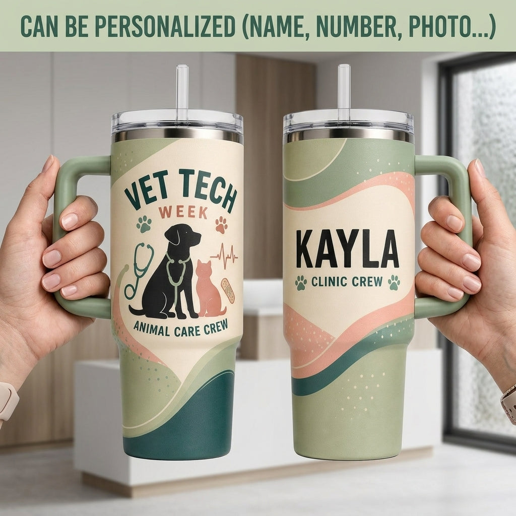 Personalized Vet Tech Week 40oz Tumbler with Handle - Custom Name Animal Care Crew Gift