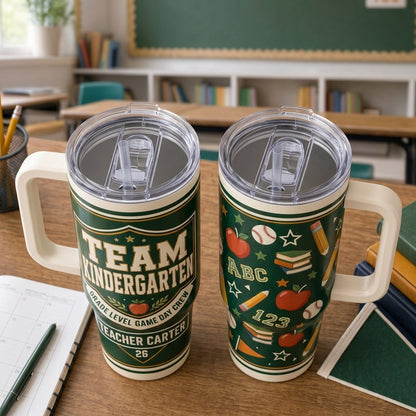 Personalized Team Kindergarten 40oz Tumbler with Handle, Custom Teacher Name Gift, Grade Level Game Day Crew School Travel Mug