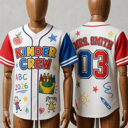 Personalized Kinder Crew Teacher Baseball Jersey - Custom Name & Number Back to School Gift