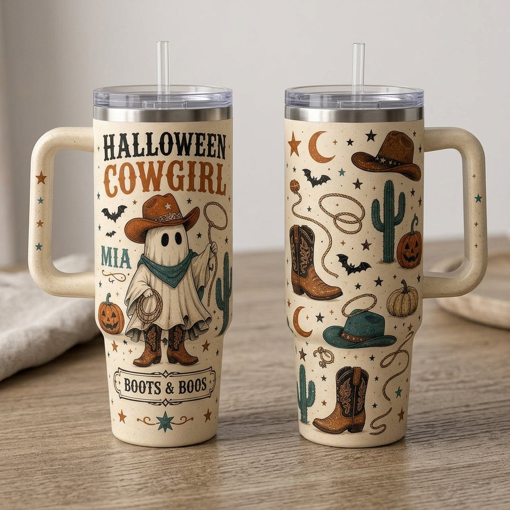 Personalized Halloween Cowgirl 40oz Tumbler with Handle - Custom Name Boots & Boos Western Spooky Gift