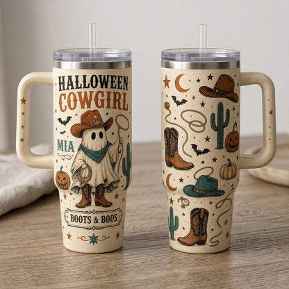 Personalized Halloween Cowgirl 40oz Tumbler with Handle - Custom Name Boots & Boos Western Spooky Gift