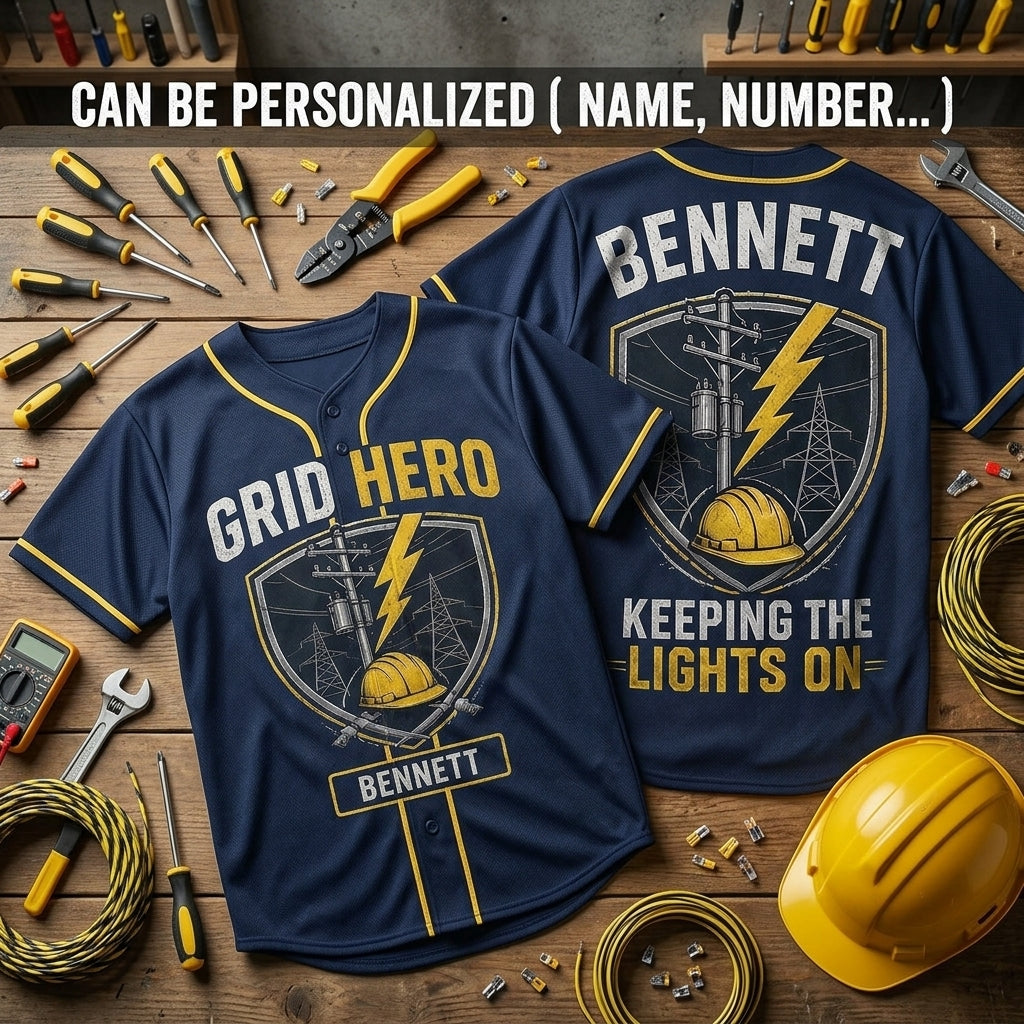 Personalized Lineman Baseball Jersey - Custom Name Grid Hero Electrical Worker Apparel Gift