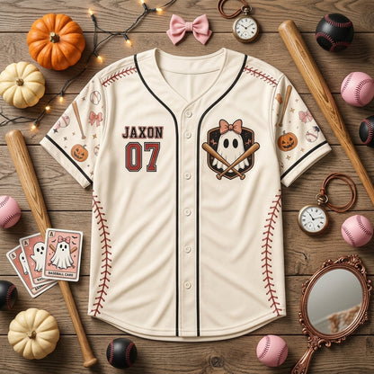 Personalized Spooky Ball Mom Baseball Jersey - Custom Name & Number Halloween Ghost Sports Shirt