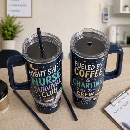 Personalized Night Shift Nurse Survival Club 40oz Tumbler with Handle - Custom Name 7PM-7AM Crew Gift