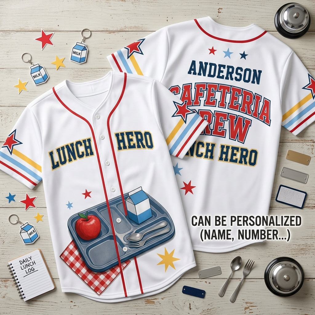 Personalized Lunch Hero Cafeteria Crew Baseball Jersey - Custom Name School Nutrition Staff Appreciation Uniform