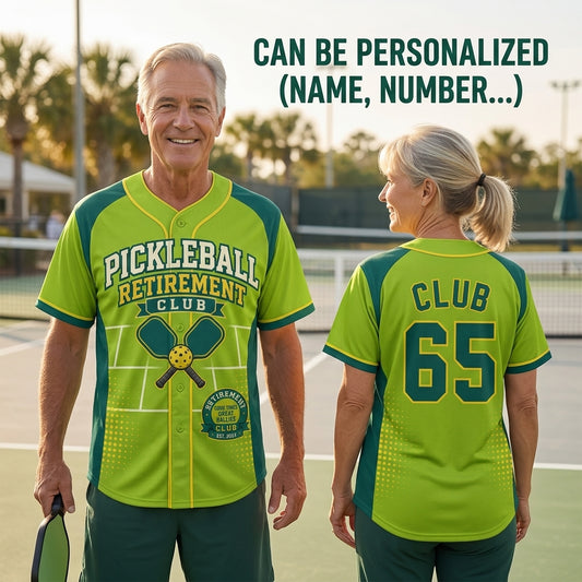Personalized Pickleball Retirement Club Baseball Jersey - Custom Name and Number Gift for Retirees