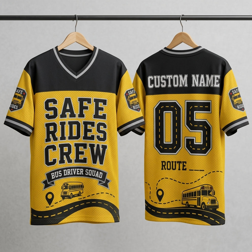 Personalized Bus Driver Safe Rides Crew Football Jersey - Custom Name & Route Squad Shirt