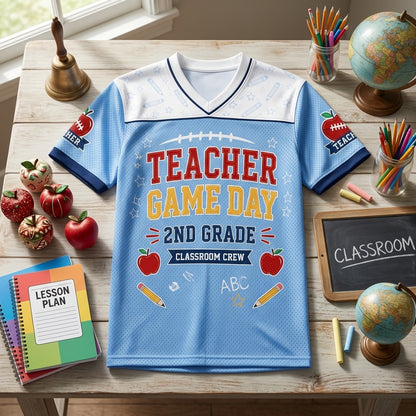 Personalized Teacher Game Day Football Jersey - Custom Name 2nd Grade Classroom Crew Mesh Jersey Shirt