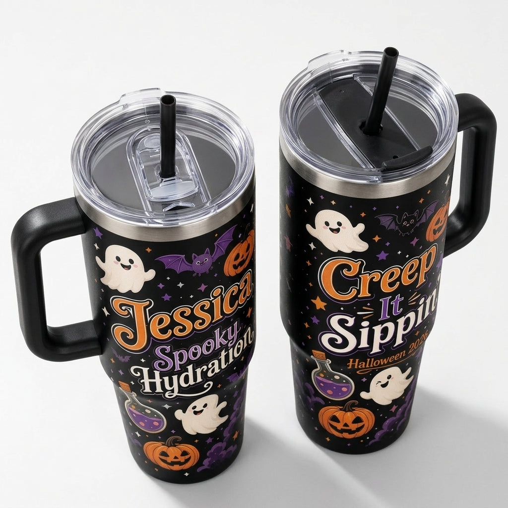 Personalized Halloween 40oz Tumbler with Handle - Custom Name Spooky Hydration Creep It Sippin Travel Mug