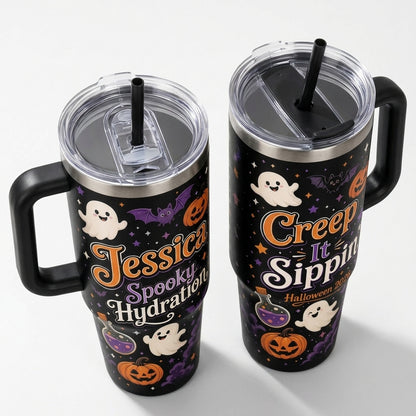 Personalized Halloween 40oz Tumbler with Handle - Custom Name Spooky Hydration Creep It Sippin Travel Mug