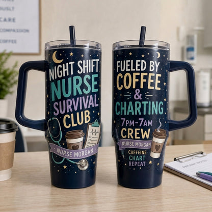 Personalized Night Shift Nurse Survival Club 40oz Tumbler with Handle - Custom Name 7PM-7AM Crew Gift