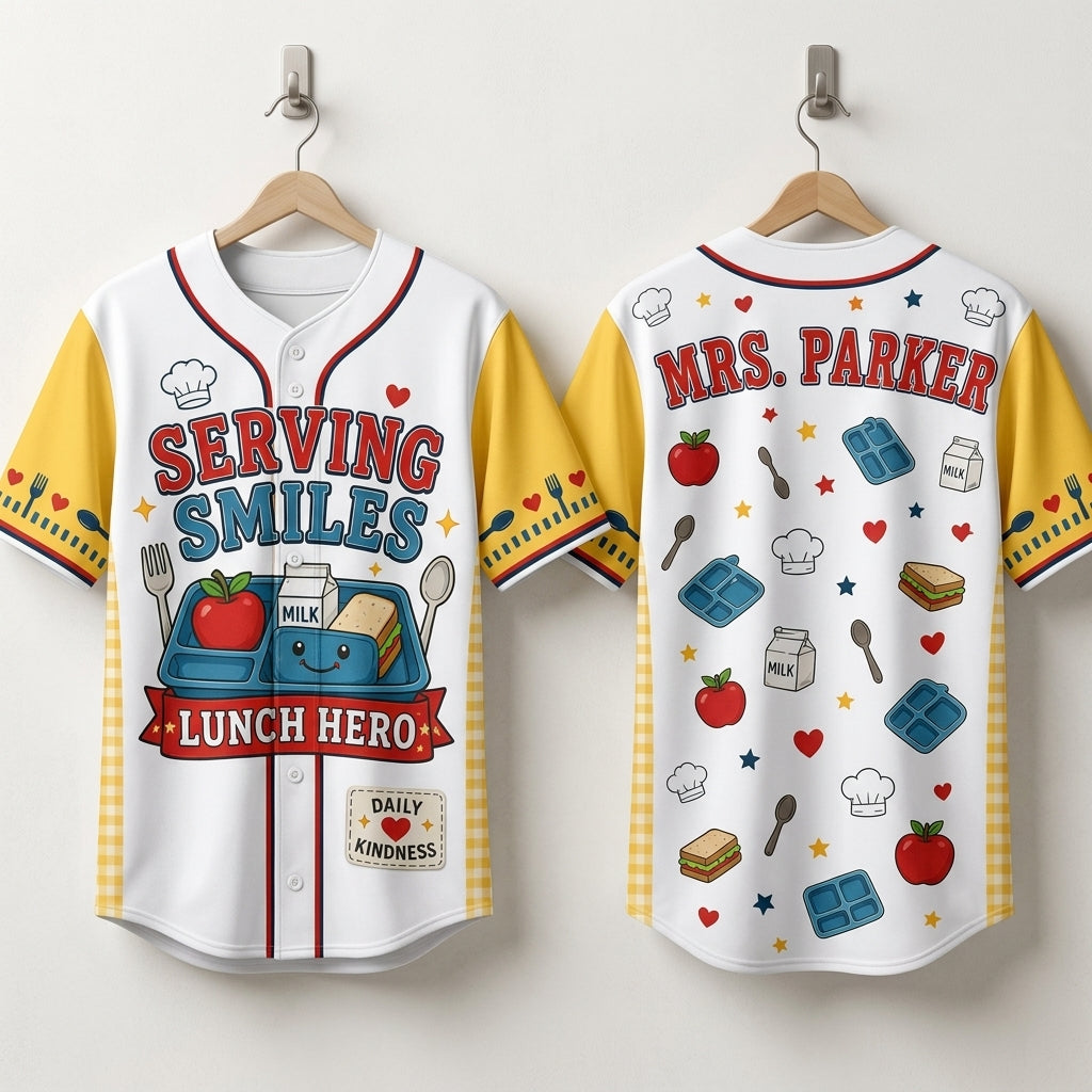 Personalized Lunch Hero Serving Smiles Baseball Jersey - Custom Name School Cafeteria Worker Gift product view 3