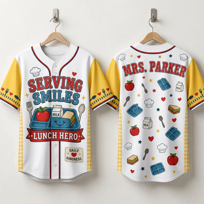 Personalized Lunch Hero Serving Smiles Baseball Jersey - Custom Name School Cafeteria Worker Gift product view 3