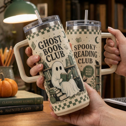 Ghost Book Club 40oz Tumbler with Handle - Spooky Reading Club Halloween Gift for Bookworms