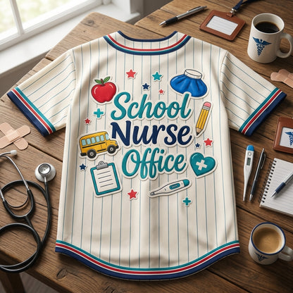 Personalized School Nurse Office Baseball Jersey - Custom Name Button Up Shirt for School Nursing Staff & Health Heroes