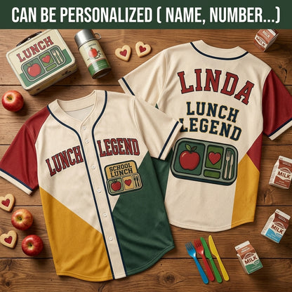 Personalized Lunch Legend Baseball Jersey - Custom Name School Cafeteria Gift for Lunch Ladies - Retro Athletic V-Neck