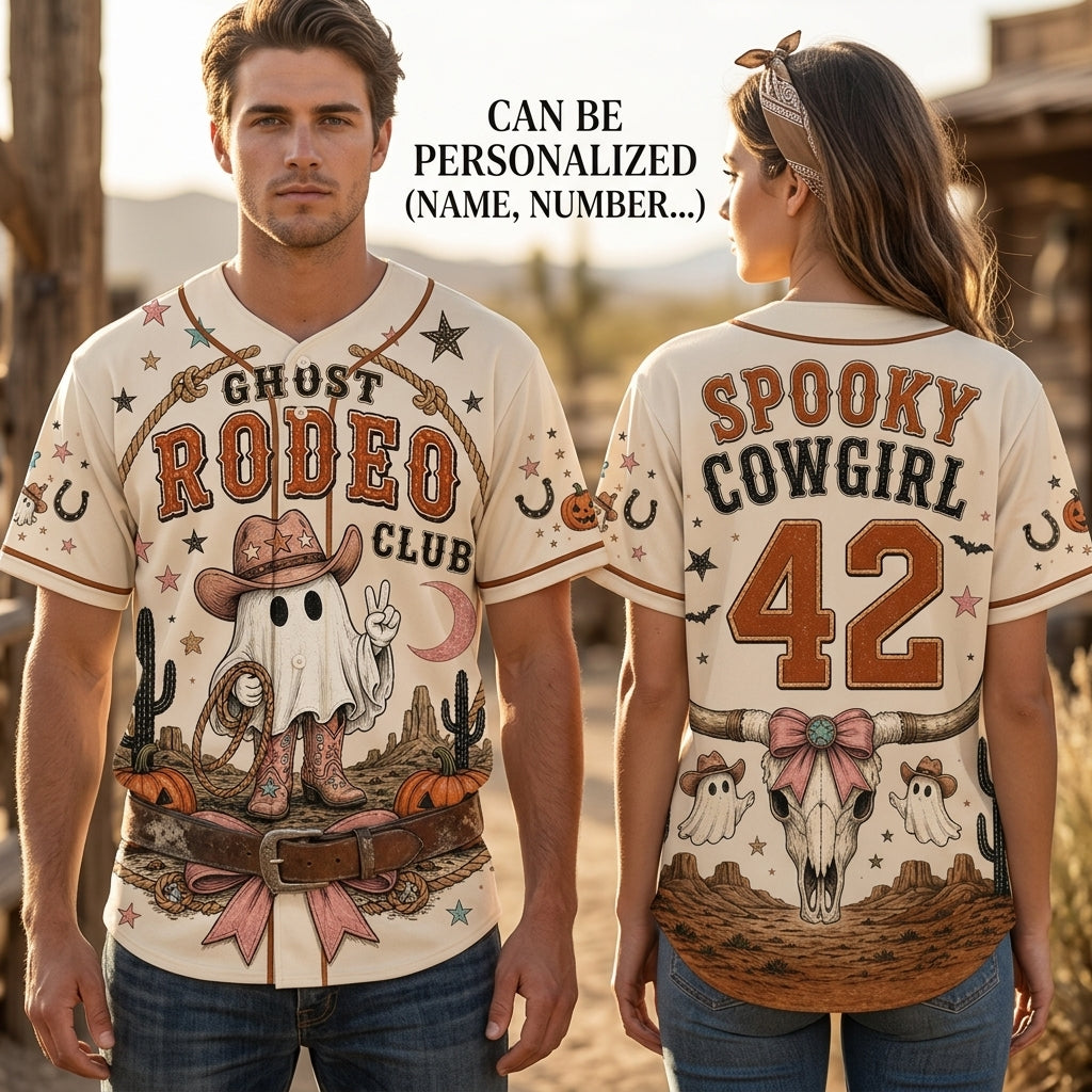 Personalized Spooky Cowgirl Ghost Rodeo Club Baseball Jersey - Custom Name & Number Halloween Western Outfit product view 2