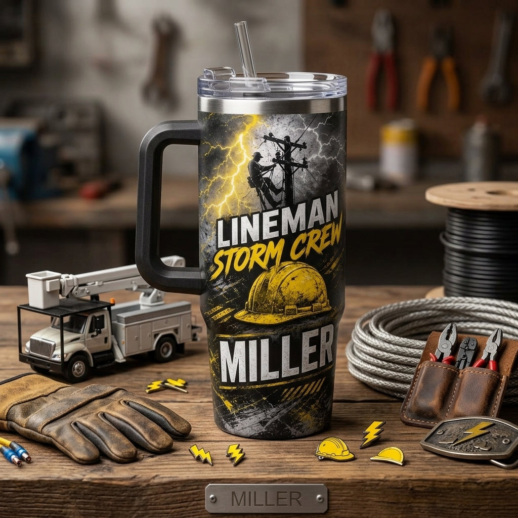Personalized Lineman Storm Crew 40oz Tumbler with Handle - Custom Name Electrician Gift