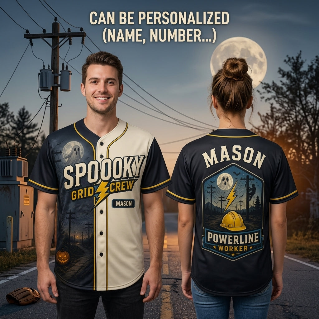 Personalized Spooky Grid Crew Baseball Jersey - Custom Name Powerline Worker Halloween Utility Lineman Gift