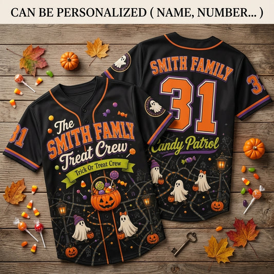 Personalized Halloween Baseball Jersey - Custom Family Name Treat Crew Ghost & Pumpkin Candy Patrol Jersey