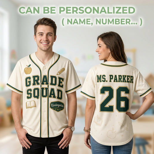Personalized Teacher Grade Squad Baseball Jersey - Custom Name and Number School Staff Shirt - Kindergarten