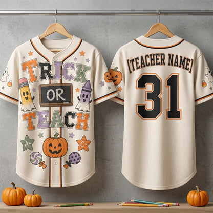Personalized Trick or Teach Halloween Baseball Jersey - Custom Name Teacher Gift Shirt