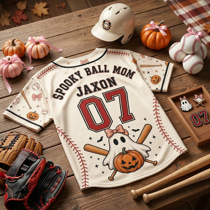 Personalized Spooky Ball Mom Baseball Jersey - Custom Name & Number Halloween Ghost Sports Shirt