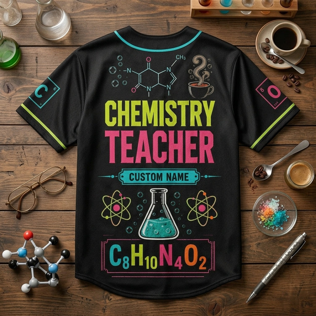 Personalized Chemistry Teacher Baseball Jersey - Custom Name Science Gift Fueled By Caffeine Design