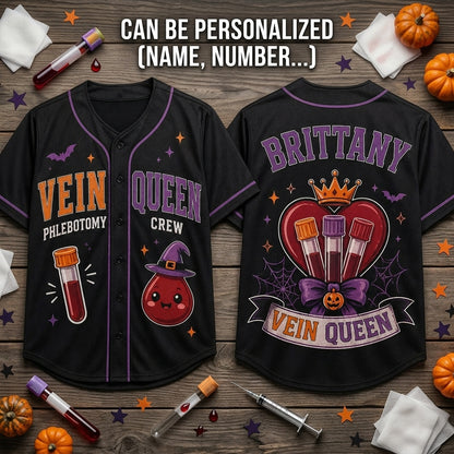 Personalized Vein Queen Phlebotomy Crew Baseball Jersey - Custom Name Halloween Phlebotomist Gift