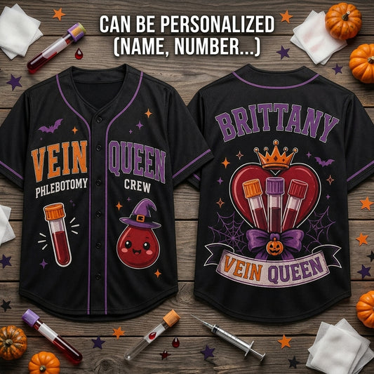 Personalized Vein Queen Phlebotomy Crew Baseball Jersey - Custom Name Halloween Phlebotomist Gift