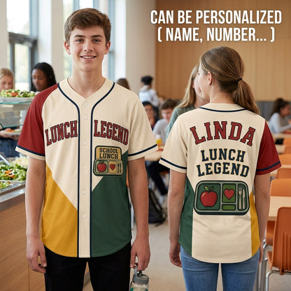 Personalized Lunch Legend Baseball Jersey - Custom Name School Cafeteria Gift for Lunch Ladies - Retro Athletic V-Neck