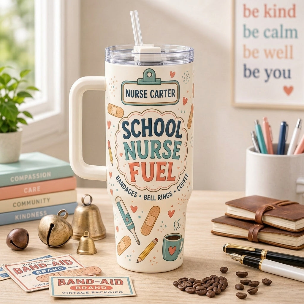 Personalized School Nurse Fuel 40oz Tumbler with Handle - Custom Name Retro Medical Gift