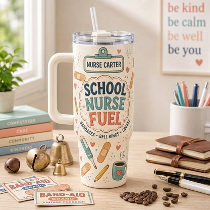 Personalized School Nurse Fuel 40oz Tumbler with Handle - Custom Name Retro Medical Gift