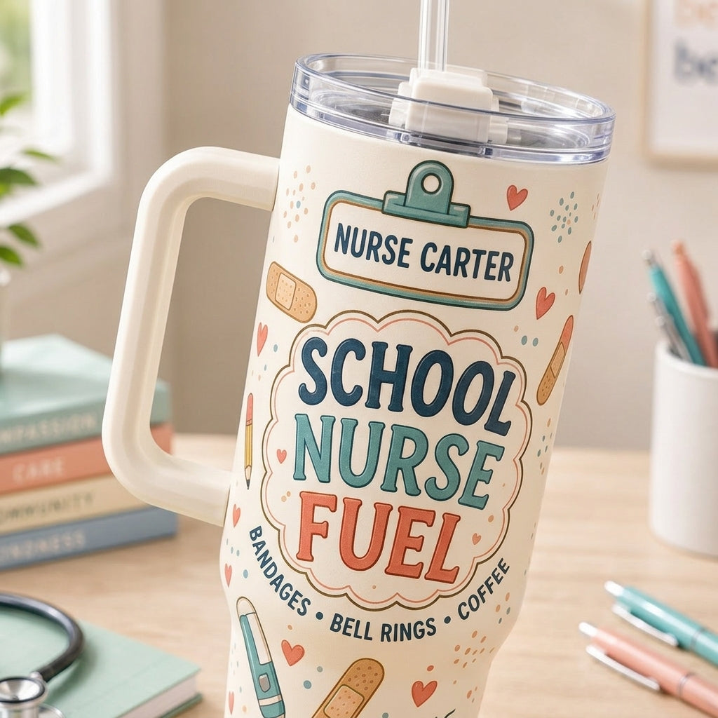 Personalized School Nurse Fuel 40oz Tumbler with Handle - Custom Name Retro Medical Gift
