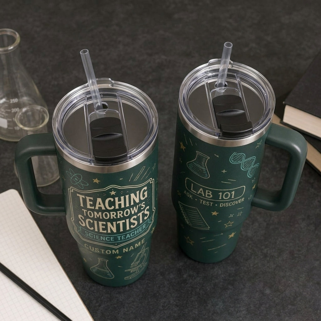 Personalized Science Teacher 40oz Tumbler with Handle - Custom Name Teaching Tomorrow's Scientists Travel Mug