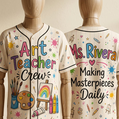 Personalized Art Teacher Crew Baseball Jersey - Custom Name Making Masterpieces Daily Gift