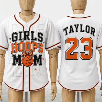 Personalized Girls Hoops Mom Baseball Jersey - Custom Name and Number Basketball Fan Gear