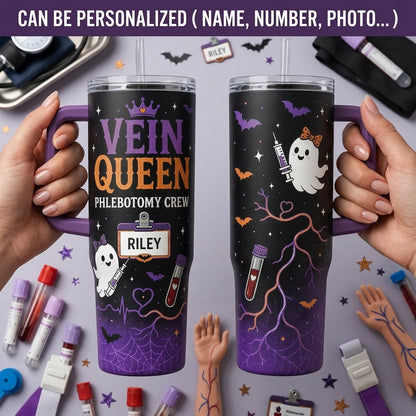 Personalized Vein Queen Phlebotomy Crew 40oz Tumbler with Handle - Custom Name Spooky Ghost Halloween Gift