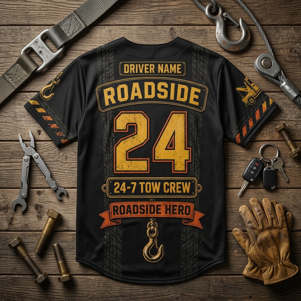 Personalized Tow Truck Driver Baseball Jersey - Custom Name Roadside Tow Crew Hook and Roll Recovery Apparel