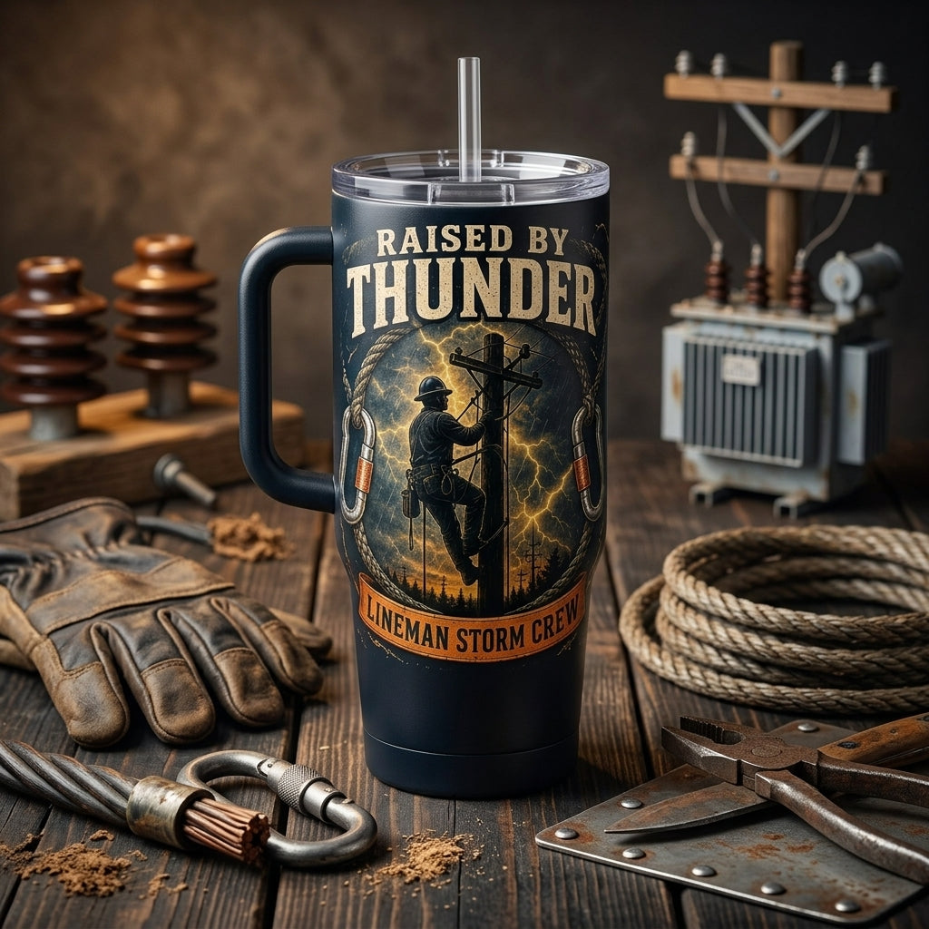 Personalized Lineman Storm Crew 40oz Tumbler with Handle - Custom Name Raised by Thunder Gift product view 3