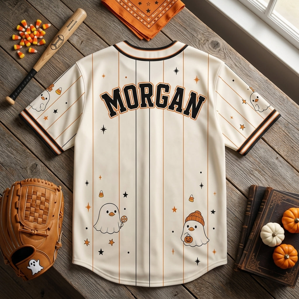 Personalized Duck Duck Boo Halloween Baseball Jersey - Custom Name Cute Ghost Duck Pinstripe Sporty Outfit