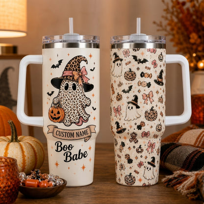 Personalized Boo Babe Halloween 40oz Tumbler with Handle - Custom Leopard Print Ghost Gift