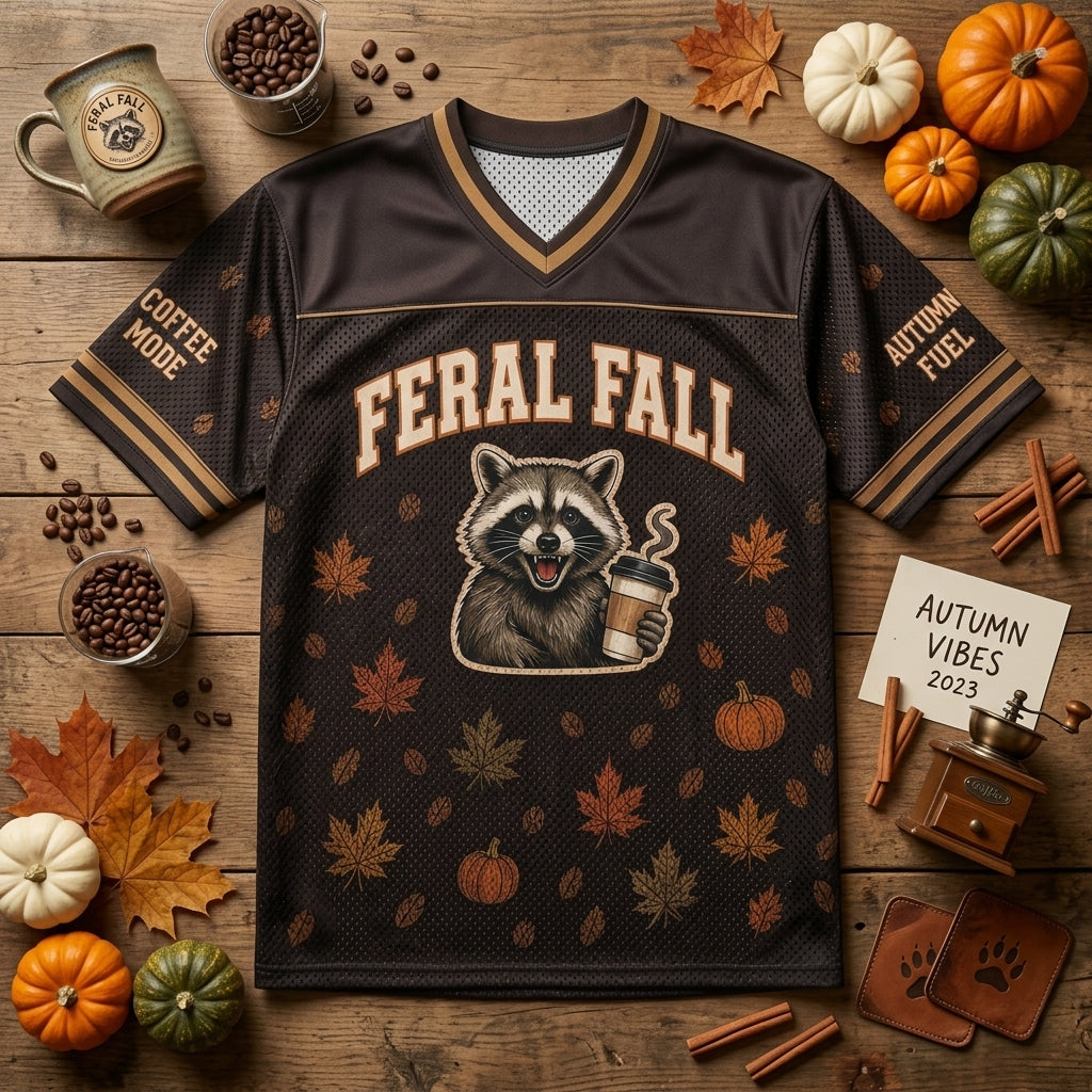 Personalized Feral Fall Raccoon Football Jersey - Custom Name & Coffee Mode Autumn Apparel