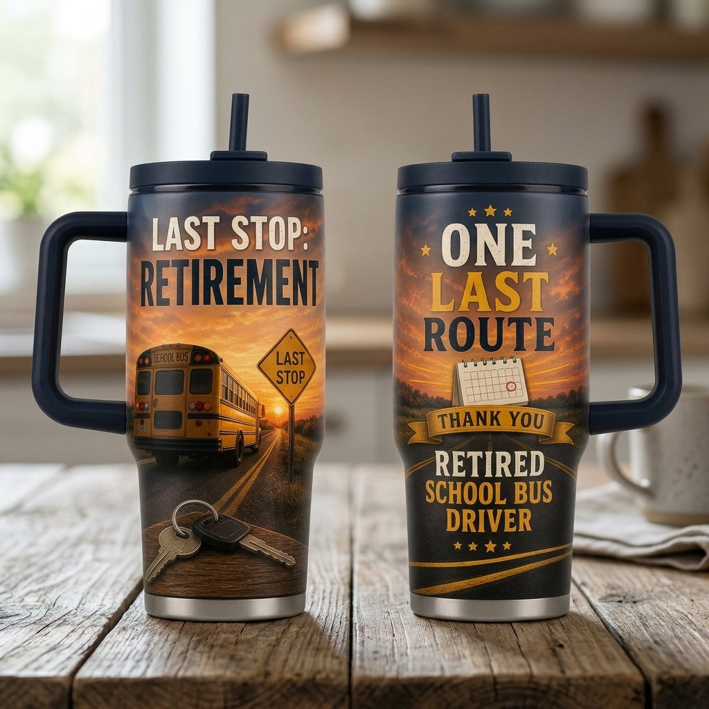 Personalized School Bus Driver Retirement Gift - One Last Route 40oz Tumbler with Handle