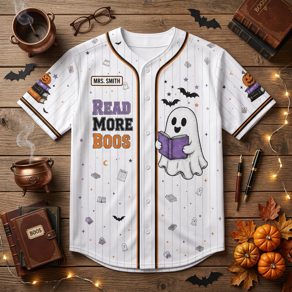 Personalized Read More Boos Halloween Baseball Jersey - Custom Teacher Name Ghost Reading Shirt for Librarians