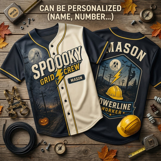 Personalized Spooky Grid Crew Baseball Jersey - Custom Name Powerline Worker Halloween Utility Lineman Gift
