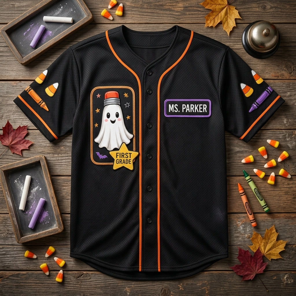 Personalized Trick or Teach Teacher Baseball Jersey - Custom Name & Grade Halloween Ghost Crayon Jersey